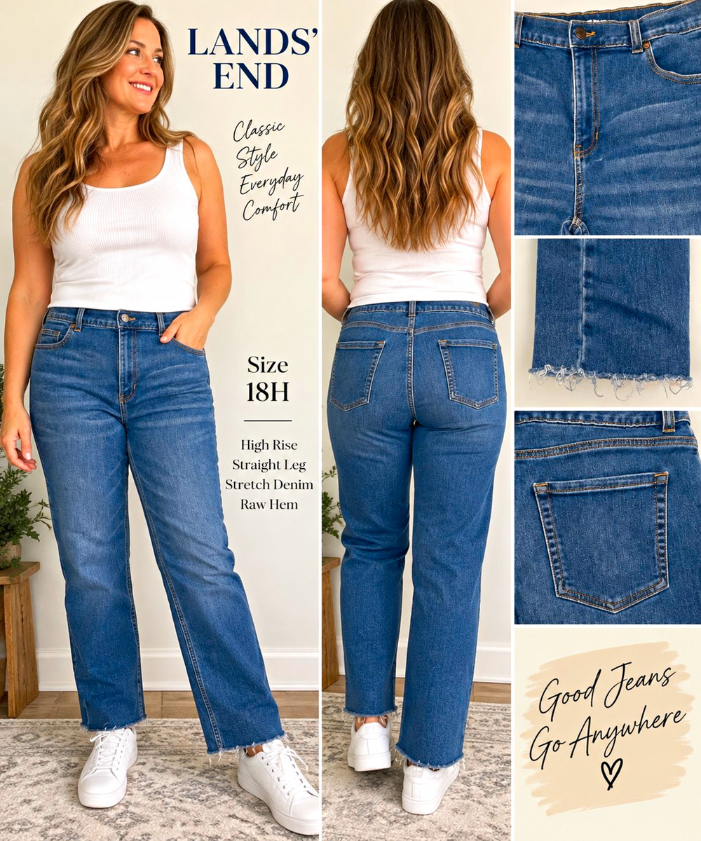 Lands' End Women's Blue High Rise Straight Leg Stretch Denim Jeans Raw Hem